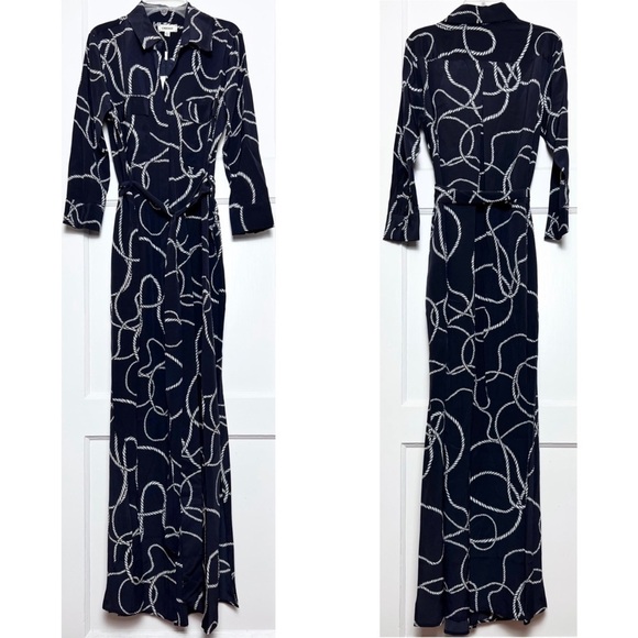 NWT L'AGENCE Silk Nautical Rope Print 3/4 Sleeve Tie Waist Maxi Shirt Dress XS - Picture 4 of 6